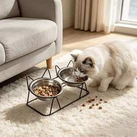 不锈钢双碗猫食盆护颈喂食架猫咪饭碗喝水宠物用品家用猫狗喂食器