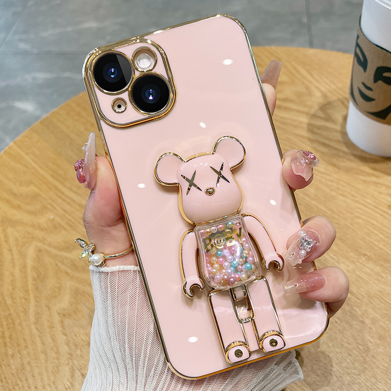 Suitable for Apple 17Pro Phone Case, New Electroplated Full-Cover Iphone15Pm Candy Bear Folding Stand, Anti-Drop