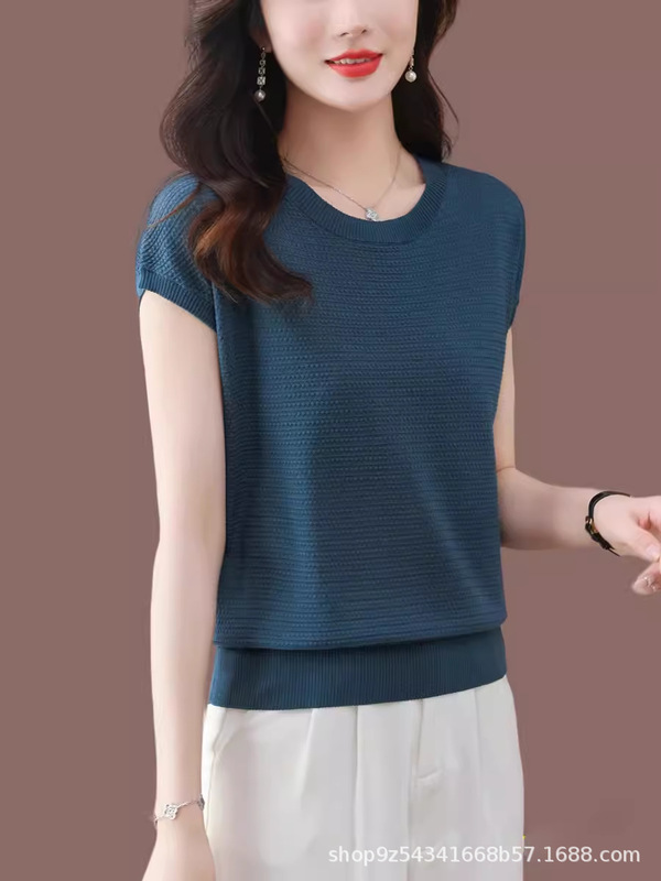 ママの夏のニットウェアレディースTシャツ半袖夏薄手のニットウェア高級アイスシルクトップ|undefined