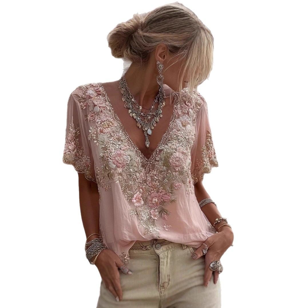 Women's Light Blue Floral Embroidered Blouse - Boho V Neck Short Sleeve Sheer Top For Casual Daily Summer Holiday_ecoleips.com
