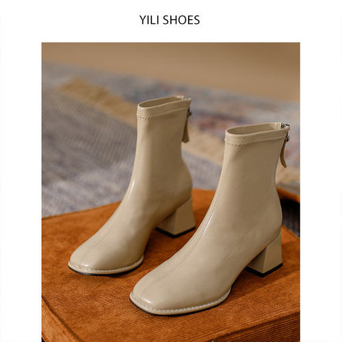 Brown thick heel French short boots for women  slimming new square toe off-white ankle and bare boots with medium and high heels