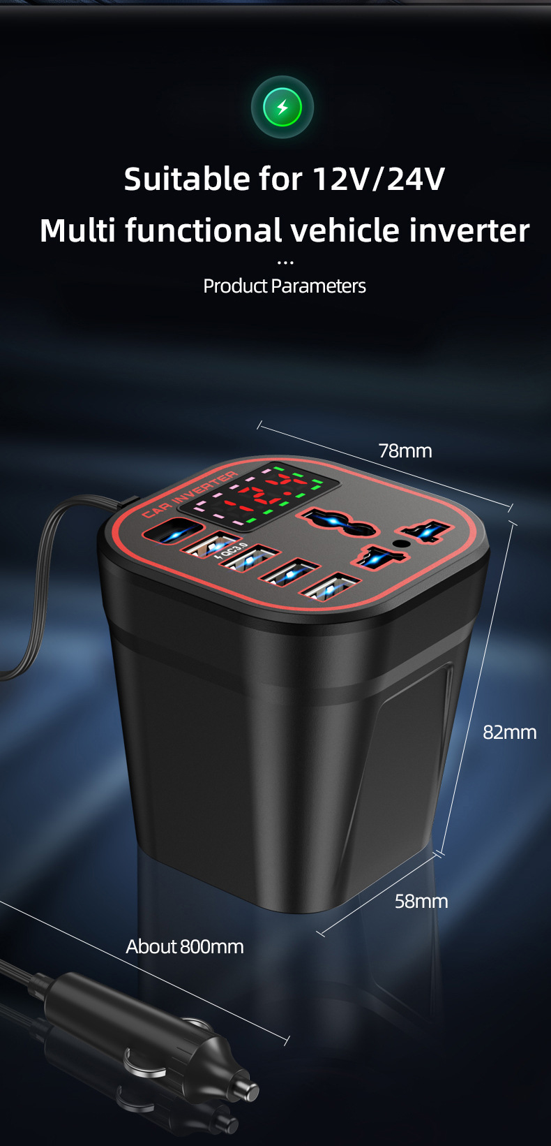 Car Inverter 12V24V to 220V Power Converter Multifunctional Car Socket Charger Mobile Phone Fast Charging
