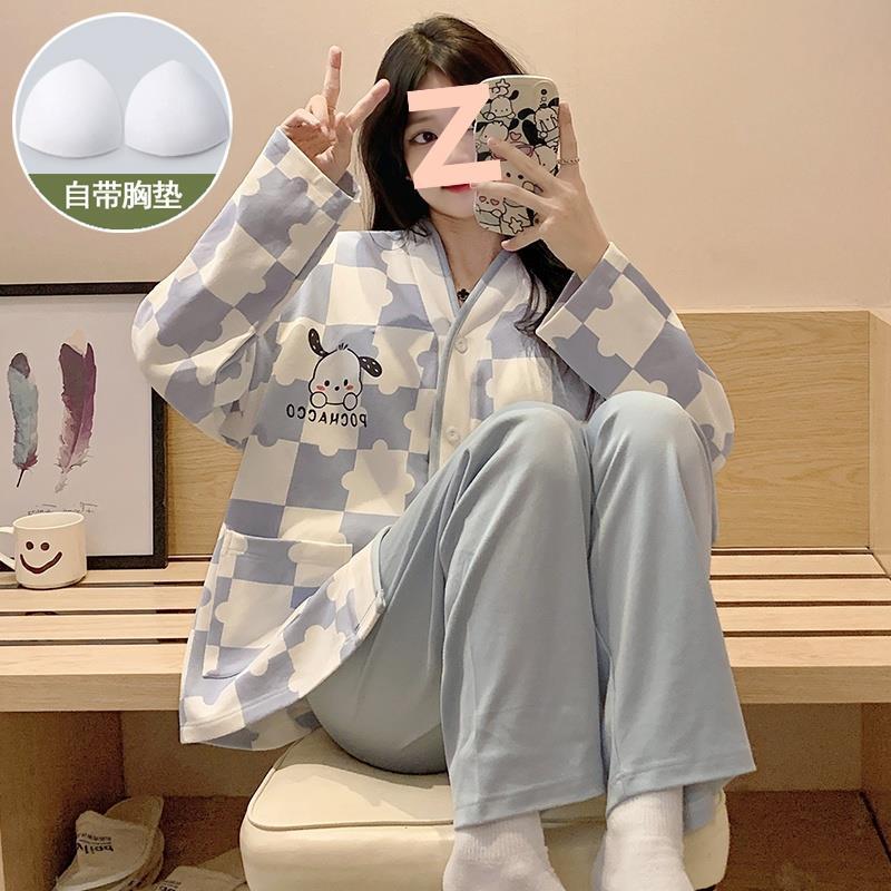 春と秋の女性用パジャマ、胸パッド付き長袖ズボン、膨らみ防止スーツ、冬と夏の女性のかわいい漫画のホーム服|undefined
