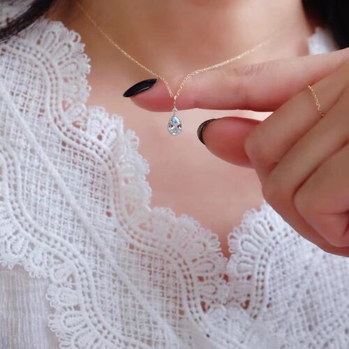 S925 sterling silver plated with 14K gold sky blue topaz pendant clavicle chain water drop shape retro high-end necklace