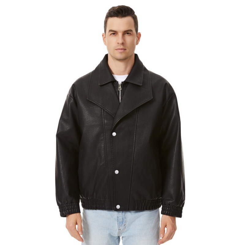 Fashionable men's leather jacket, high-quality lychee pattern PU leather jacket, stand-up collar motorcycle jacket, popular cross-border item on Douyin Fashionable men's leather jacket, high-quality lychee pattern PU leather jacket, stand-up collar motorcycle jacket, popular cross-border item on Douyin