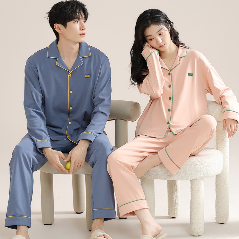항균 통기성 순면 커플 잠옷 봄과 가을 긴 소매 바지 가디건 옷깃 플러스 사이즈 세트 남성 및 여성 홈 옷