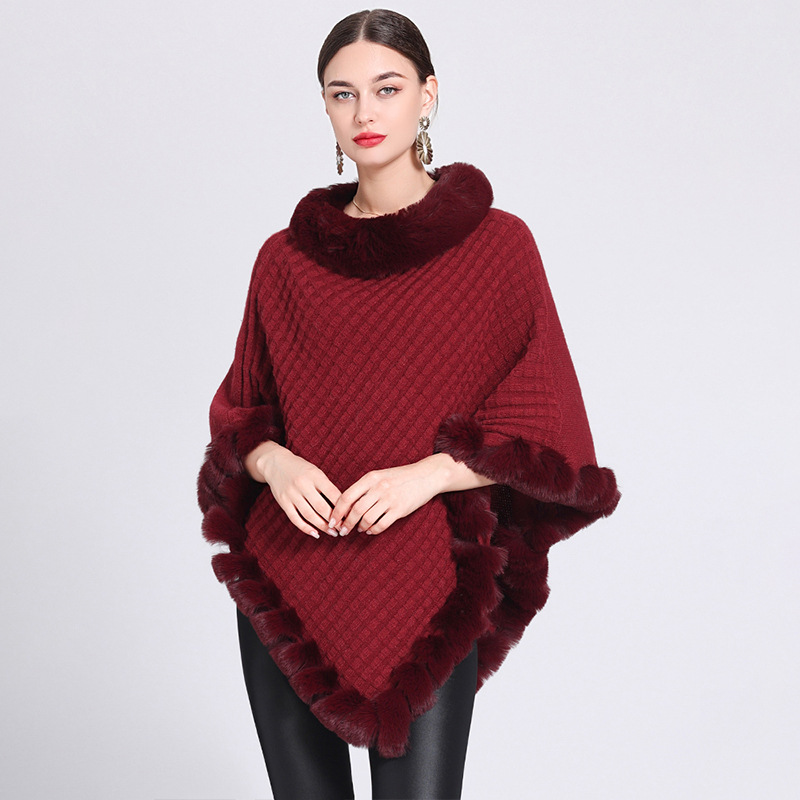 Fur collar cape cape women's knitted pullover sweater cape coat_voghion.com