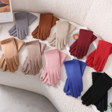 日韩简约风纯色麂皮绒手套 户外保暖骑车防风可触屏分指手套批发