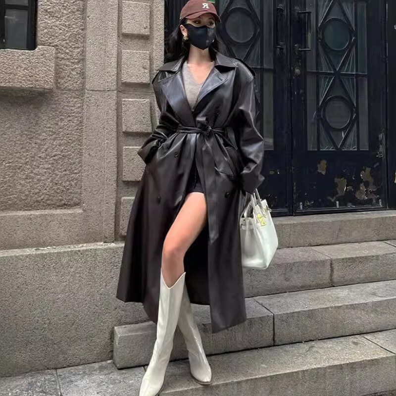 Black and Brown Vintage Mid-Length Over-The-Knee Pu Leather Jacket with a High-End Feel for Women, New Loose-Fitting Leather Trench Coat for Spring and Autumn Black and Brown Vintage Mid-Length Over-The-Knee Pu Leather Jacket with a High-End Feel for Women, New Loose-Fitting Leather Trench Coat for Spring and Autumn