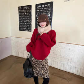 [初禾]复古气质豹纹新款毛呢羊羔半身裙冬季高腰显瘦五分包臀半裙