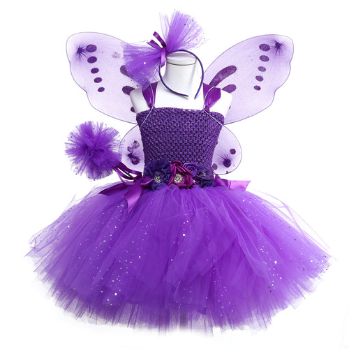 2024 Stylish Children's Pom Pom Dress Princess Nylon Purple Girls Western Handmade Tutu Dress for Girls' Birthday