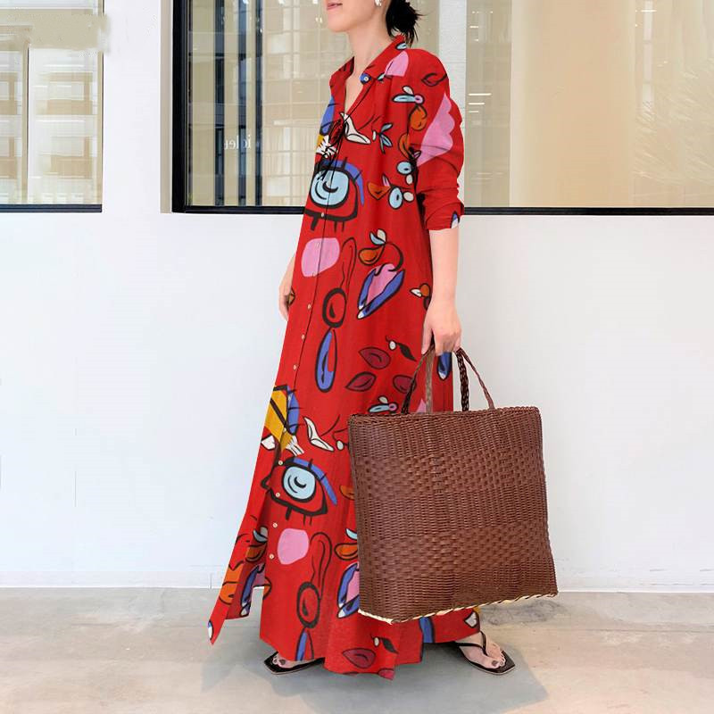 Loose Fit Type Wholesale Women's Vintage Style Bohemian Commute Style Printing Printing Office Indoor Daily Turndown Long Sleeve Swing Dress
