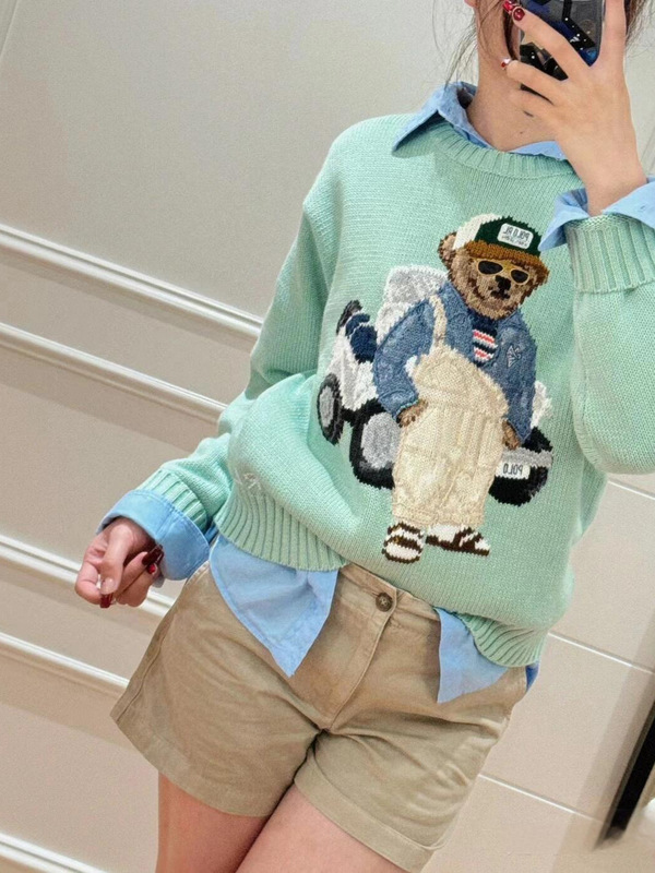 ポニー~秋冬レディースセーター、クマ刺繍、クマ織り花柄、ニットラウンドネックプルオーバートップス、万能|undefined