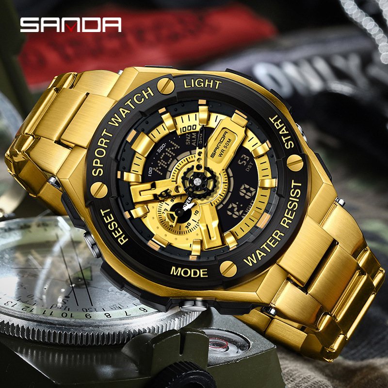 Sanda steel belt hand-raising lamp new trend Korean style watch steel electronic heart watch multi-function Sports alarm clock watch