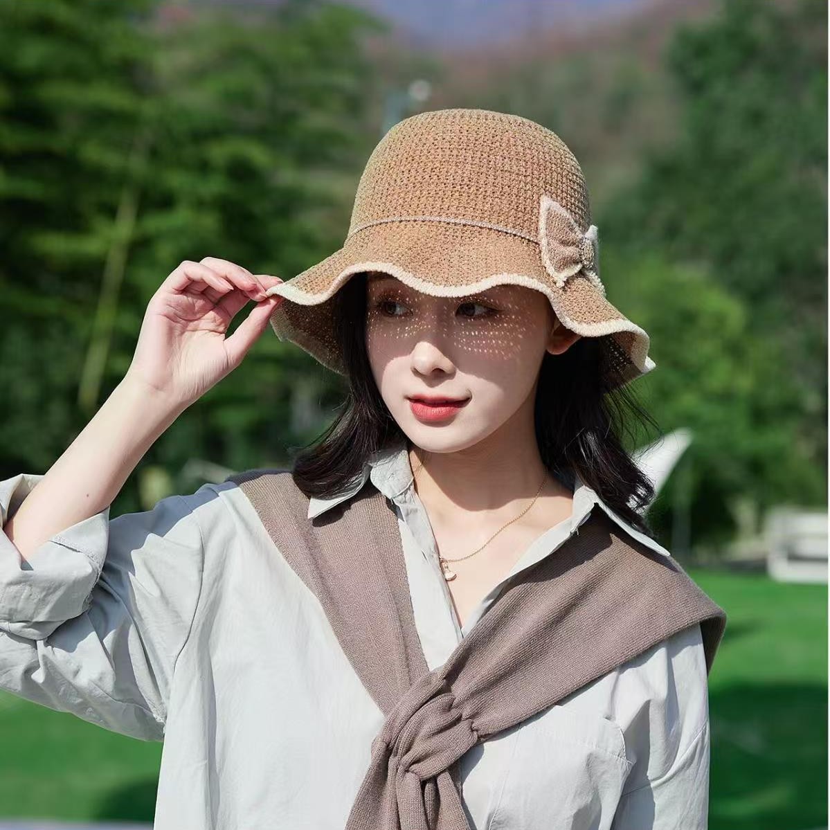 ruffled hollow out bucket hat women‘s new summer fashion minimalist bowknot sun shade foldable sun protection sun hat