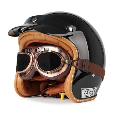 Motosiklet dəbilqələri — Certified Retro Motorcycle Helmet Electric - m-bright-black-bronze-mirror-free-hat-brim-face-towel