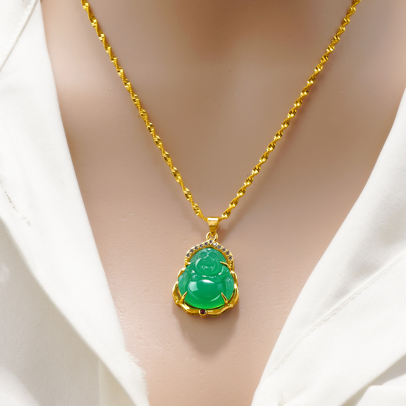 Smiley cara Maitreya Buda COLLAR COLGANTE nuevo con incrustaciones de Calcedonia Buda colgante hembra amuleto portátil colgante