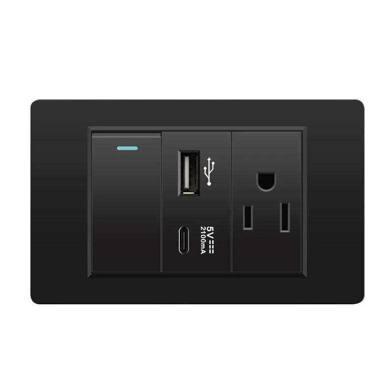 Черная настенная панельная розетка с 118 тип switch, тайваньская розетка с 20W type-C, шесть отверстий