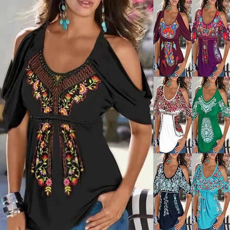 191g Weight Short Sleeve Sleeve Length Raglan Sleeve Sleeve Type Spandex, Polyester Fabric Type Long Top Length T-shirt Tops Type Holiday, Daily Occasion U Neck Neckline Slim Fit Type Printing Pattern Summer, Spring Season Printing Design Vacation, Ethnic Style Style T-shirt Short Sleeve Plus Size Tops Printing Vacation Ethnic Style Printing 无
