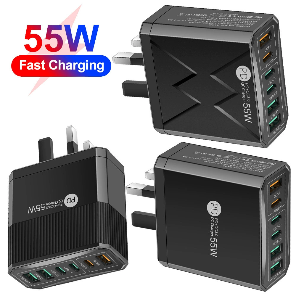 Шестипортовое зарядное устройство для мобильного телефона PD55W QC3.0 тип U, быстрая зарядка, европейские/американские стандарты, серия III
