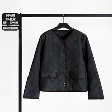 25年小禾女装早秋新款V领棉混纺菱型格子弹牛仔短款外套长款大衣