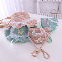 Children's grass hat bag set for girls, summer, fresh and light beach sun hat, outdoor sunscreen hat, wholesale parent-child hat