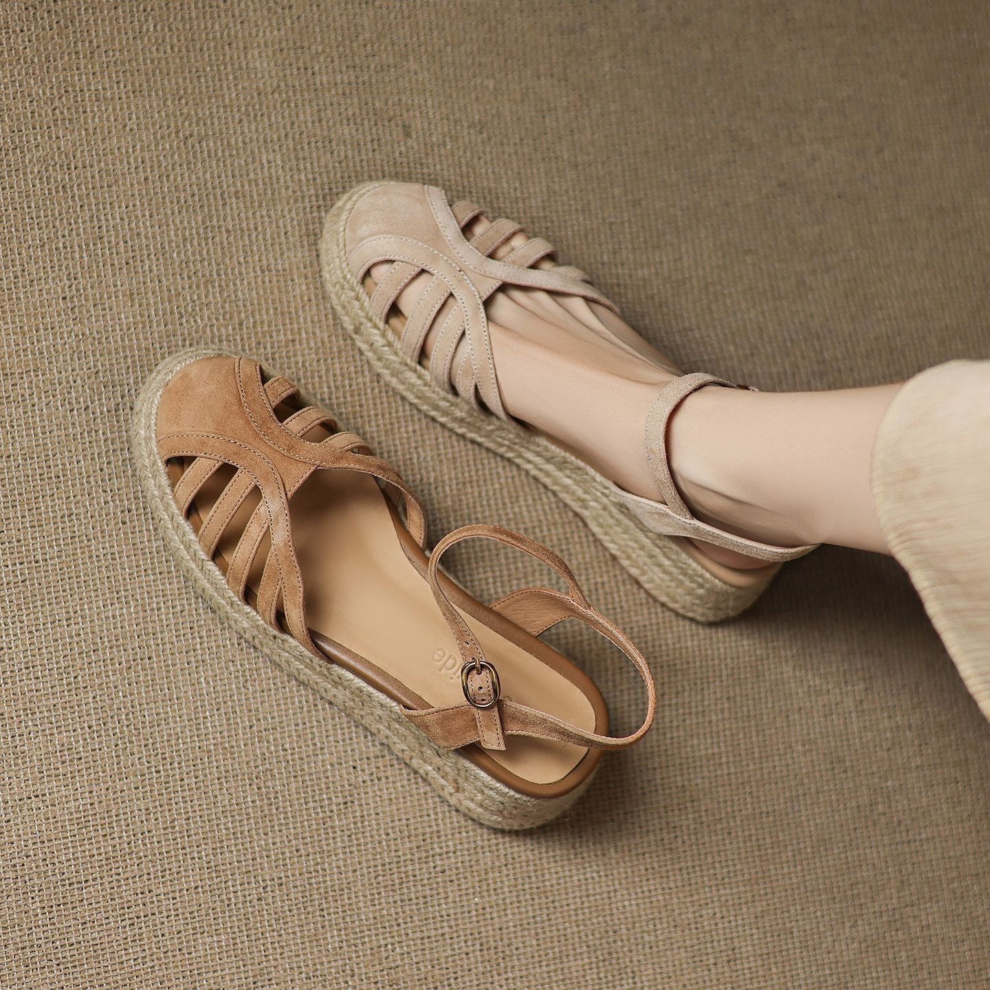 Woven summer universal sandals made of soft leather platform with a…