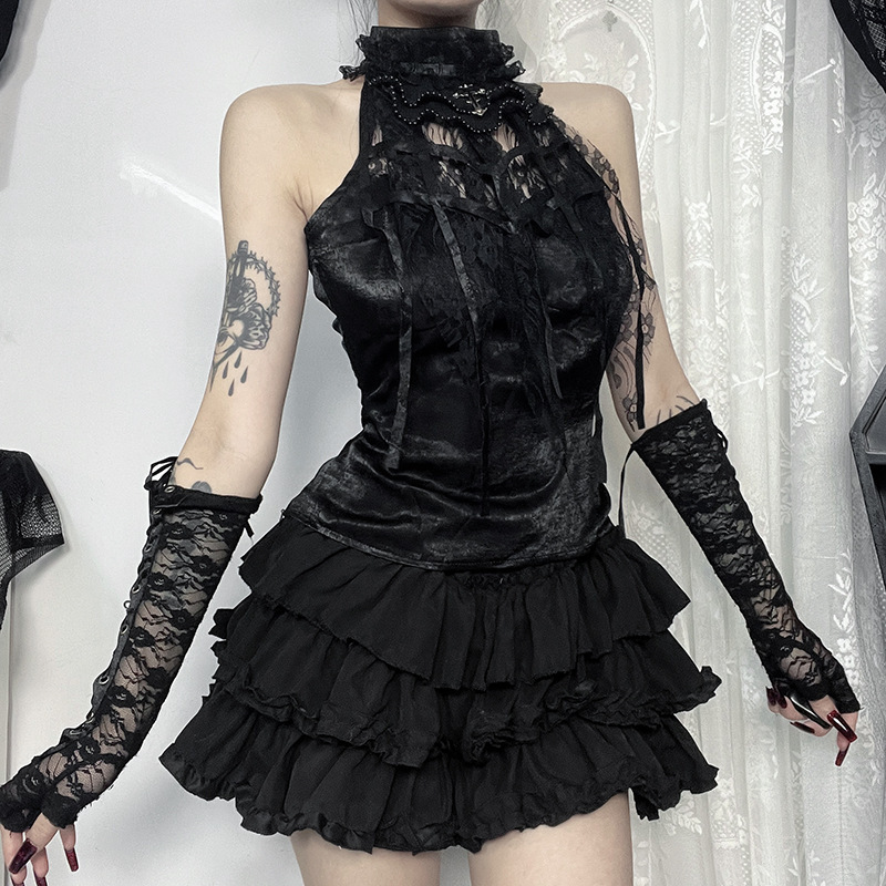 XS24216 Gothic Dark Style Pleated Rose Cobweb Bow-tie Vest New Style Sexy Slim-fit Camisole Top for Women XS24216 Gothic Dark Style Pleated Rose Cobweb Bow-tie Vest New Style Sexy Slim-fit Camisole Top for Women