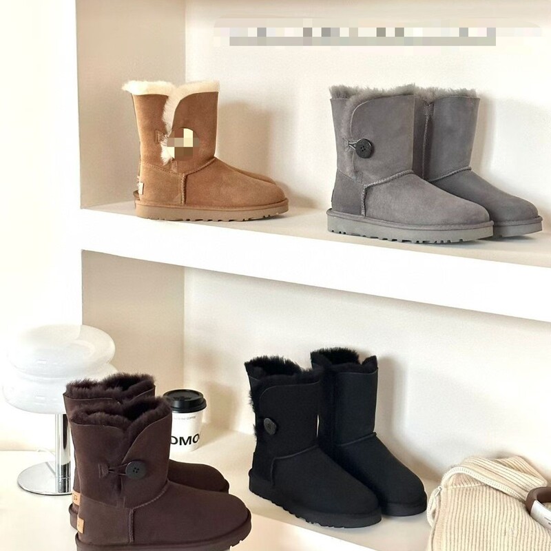 Henan Sangpo Women's Sheepskin and Wool Integrated One-Button Mid-Calf Snow Boots, Winter Cotton Shoes with Added Fleece and Thick Soles