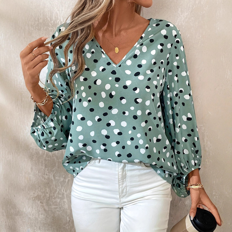 2025 Cross-Border Foreign Trade European and American Clothing Amazon Hot-Selling Printed Lace Crochet Round Neck Shirt Long-Sleeved Top