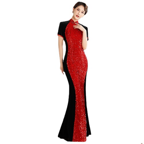 Wine royal blue sequined catwalk cheongsam oriental Qipao plus size long fishtail singers car model Chinese dress Chinese wedding party banquet dresses