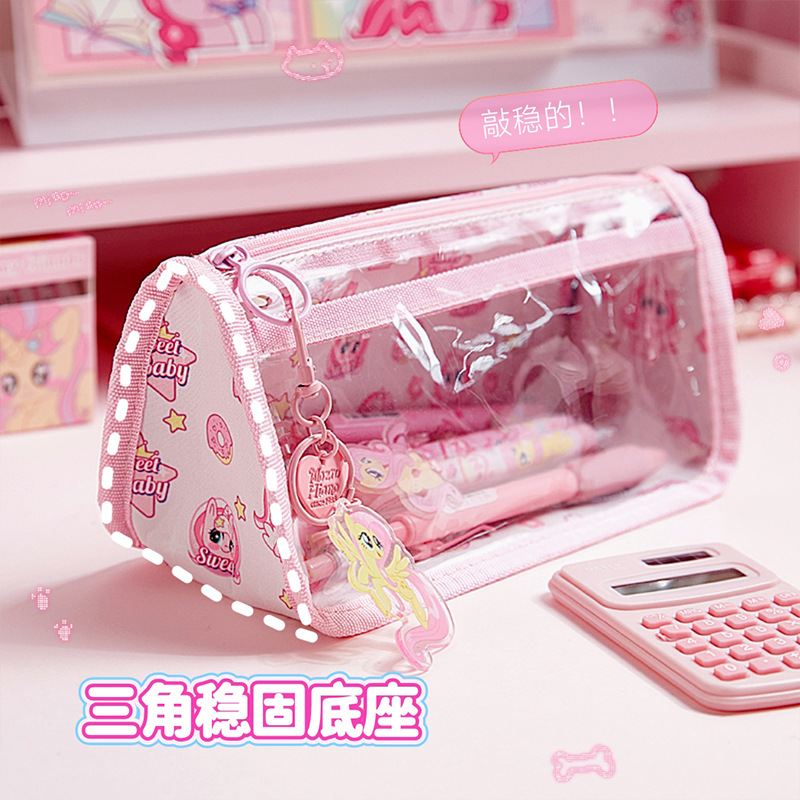 Dolor bebé pony bolsas de lápiz de alto valor de la cara de los estudiantes de primaria caja de lápiz triangular transparente niñas bolsas de papelería de gran capacidad