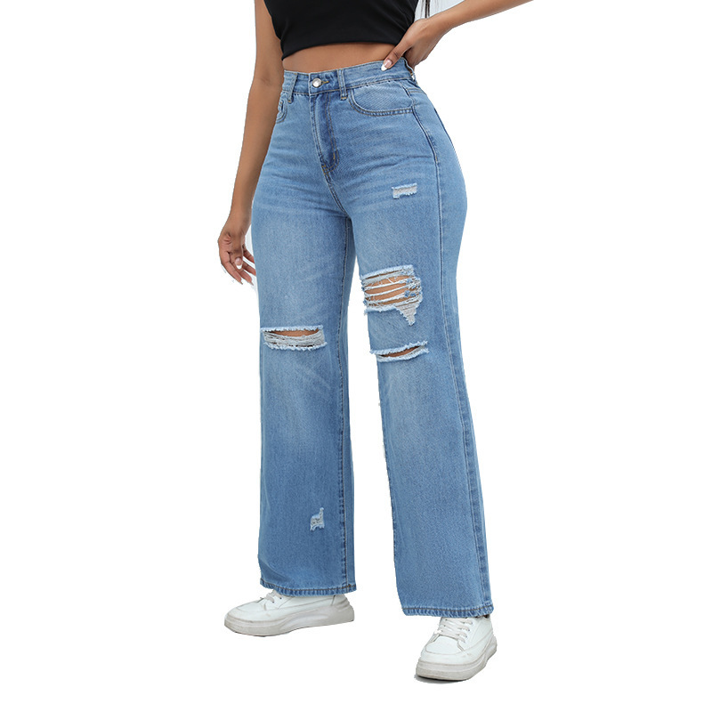 Jeans de Pierna Ancha para Mujer de Mezclilla de Algodón, Con Rasgados, De Alta Elasticidad
