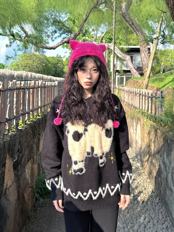 跨境韩系毛茸茸软糯绵羊提花黑色毛衣女秋冬宽松慵懒风长袖针织衫|undefined