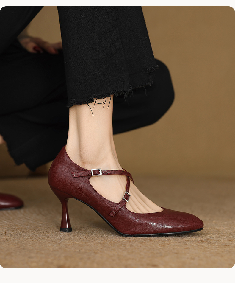 Giày cao gót da cừu quai chéo mũi tròn Mary Jane gót 7,5 cm — Màu nâu chi tiết 2