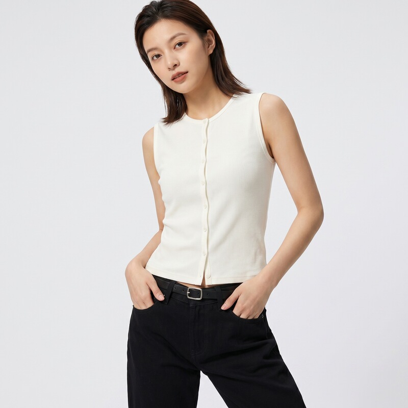 Summer Knitted Ribbed Tank Top for Women, Slim Fit, Sleeveless T-Shirt, Outerwear, Buttoned Base Shirt Summer Knitted Ribbed Tank Top for Women, Slim Fit, Sleeveless T-Shirt, Outerwear, Buttoned Base Shirt