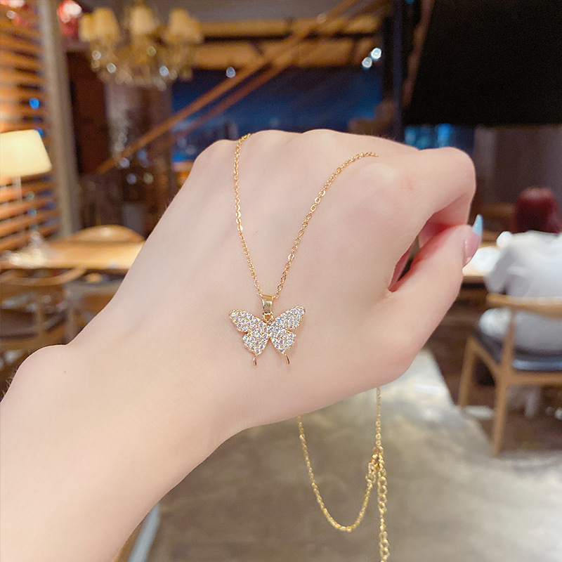 Fashion Butterfly Titanium Steel Inlay Zircon Pendant Necklace 1 Piece