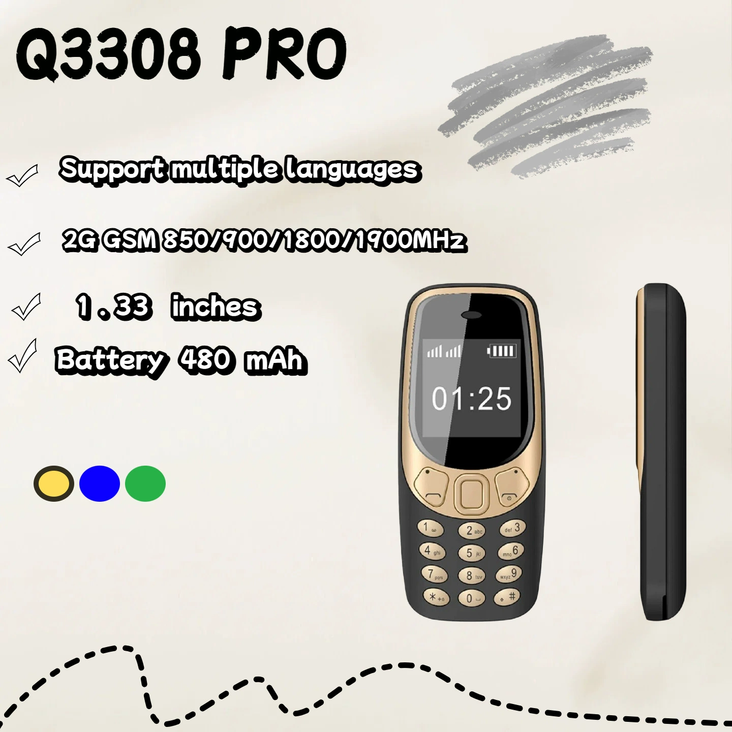 Кросс-бордер мобильный телефон Q3308Pro GSM немассовый телефон с прямой платой для старшего возраста, двойная SIM-карта, 3310 маленький телефон