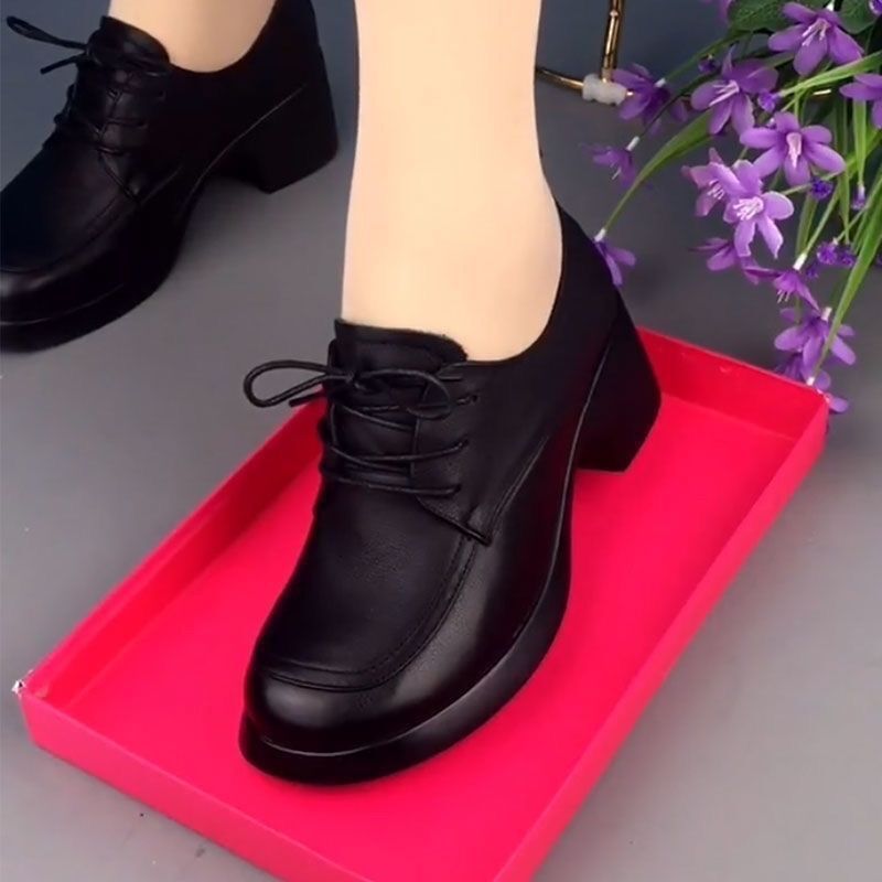 35-43大码女鞋胖脚 软皮单鞋41秋冬圆头粗跟厚底妈妈鞋中跟皮鞋42