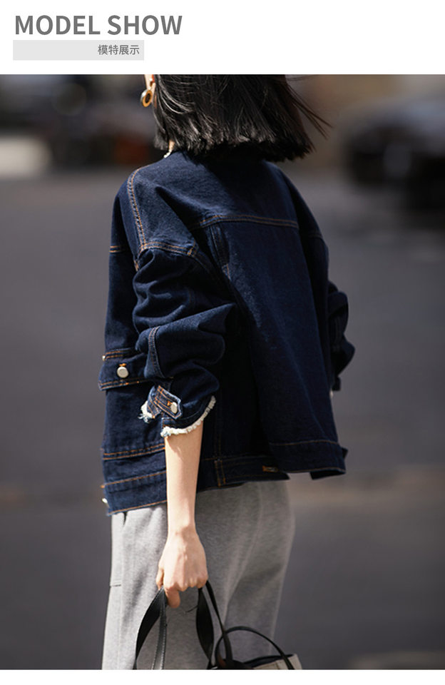 Áo khoác denim nữ cổ tròn tay dài màu xanh đậm phong cách vintage tôn dáng — Màu xanh đậm chi tiết 7