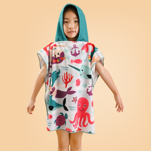 Children's Bath Towel Cape with Cute Cartoon Print, Easy to Absorb, Thick and Warm, Wearable Hooded Beach Towel