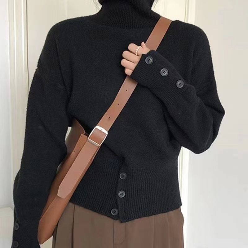 【 Famiglia Cashmere 】 Maglione corto alto in lana, strato interno lavorato a maglia con collo in pelo spesso e largo da donna_voghion.com