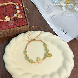 手工玉兔福牌珍珠手链2023年新款轻奢气质编织手绳中国风情侣手饰