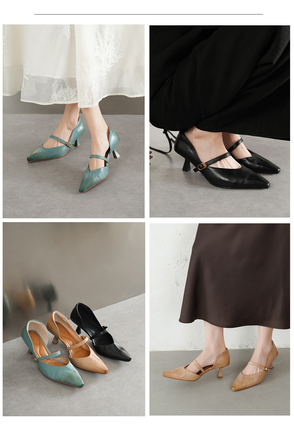 Sandal cao gót nữ quai ngang mũi nhọn da bò cổ điển gót 9 cm — đen chi tiết 1