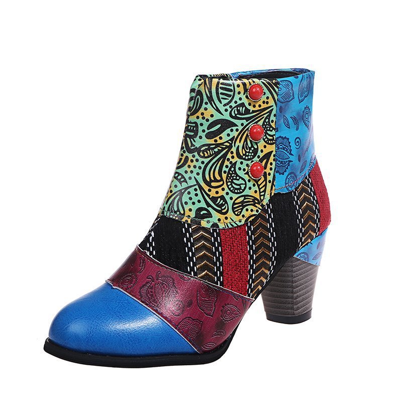 Bottes courtes ShoeVault Cross-Border grandes tailles pour femmes, collection hiver 2021, style ethnique patchwork, bottines Martin à boutons et talons épais._voghion.com