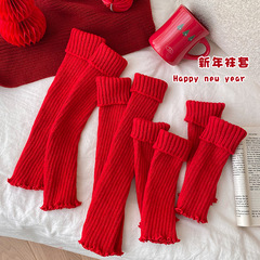 紅色女套蝴蝶結毛線針織大腿可愛護腿襪子襪套花邊兒童保暖襪秋冬