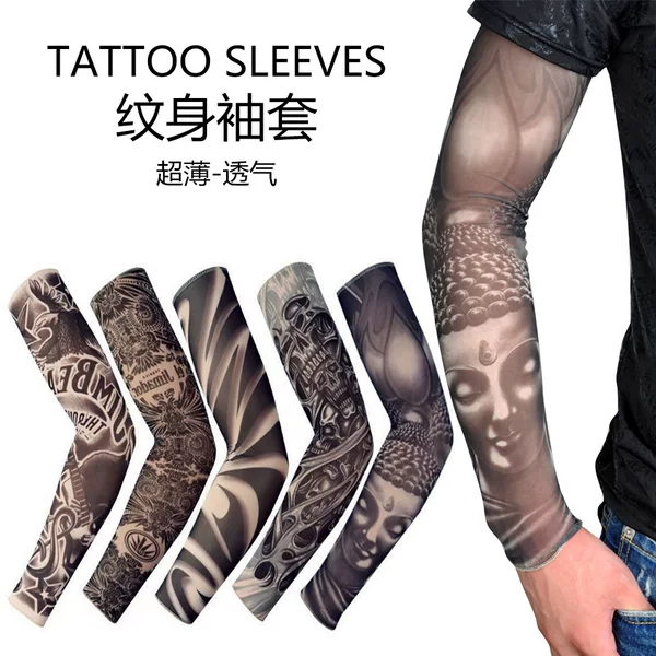 Outdoor Sports Tattoo Sleeves Flower Arm Tattoo Polyester Sun Protection Sleeves Arm Guards Korean Cycling Ice Silk Sleeves Wholesale