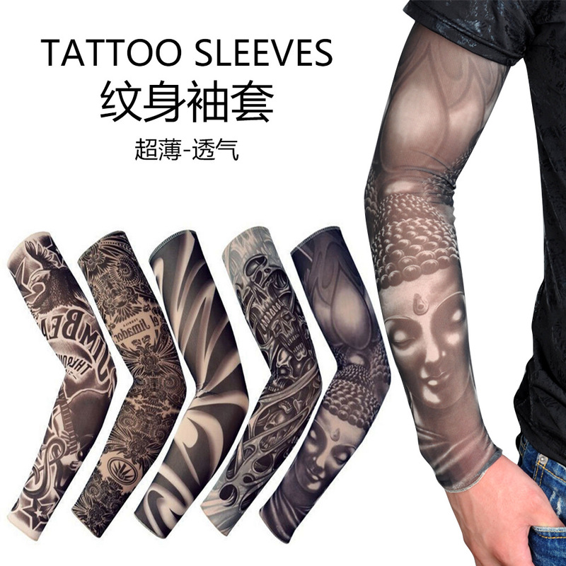 Outdoor Sports Tattoo Sleeves Flower Arm Tattoo Polyester Sun Protection Sleeves Arm Guards Korean Cycling Ice Silk Sleeves Wholesale