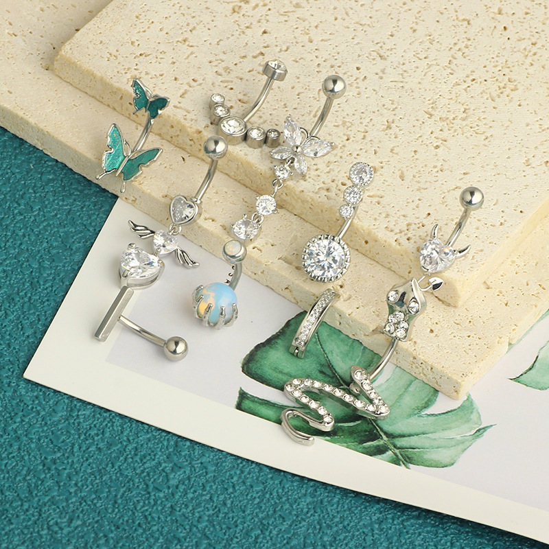 Amazon New Inlaid Zircon Love Belly Button Ring Butterfly Inverted Belly Button Nail Snake Belly Button Ring Piercing Jewelry 10 Pieces detail image 12