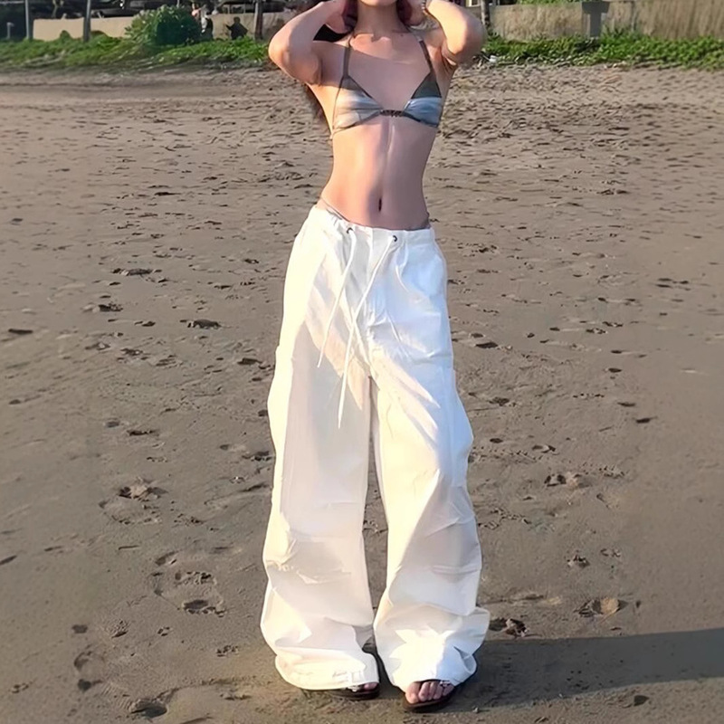 Korean Style White Cargo Pants for Women, Summer American Quick-Dry Sports Pants, Versatile Loose Casual Pants, Drapey Wide-Leg Pants